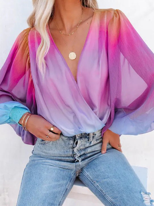 Women's Blouses Gradient Sheer V-Neck Long Sleeve Blouse - LuckyFash™