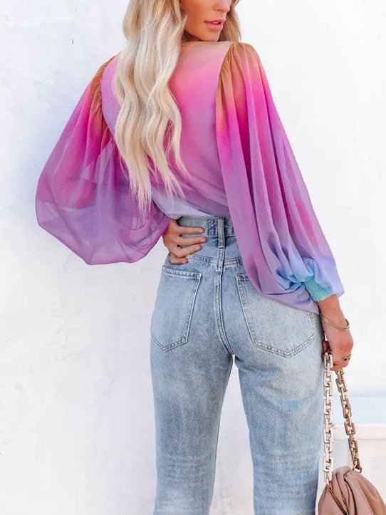 Women's Blouses Gradient Sheer V-Neck Long Sleeve Blouse - LuckyFash™