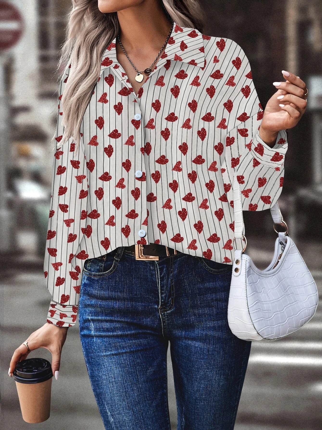 Women's Blouses Heart Printed Single Breasted Long Sleeve Blouse - LuckyFash™