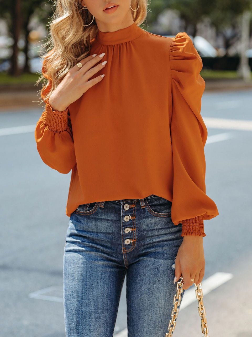 Women's Blouses High Collar Back Belted Long Sleeves Blouse - LuckyFash™