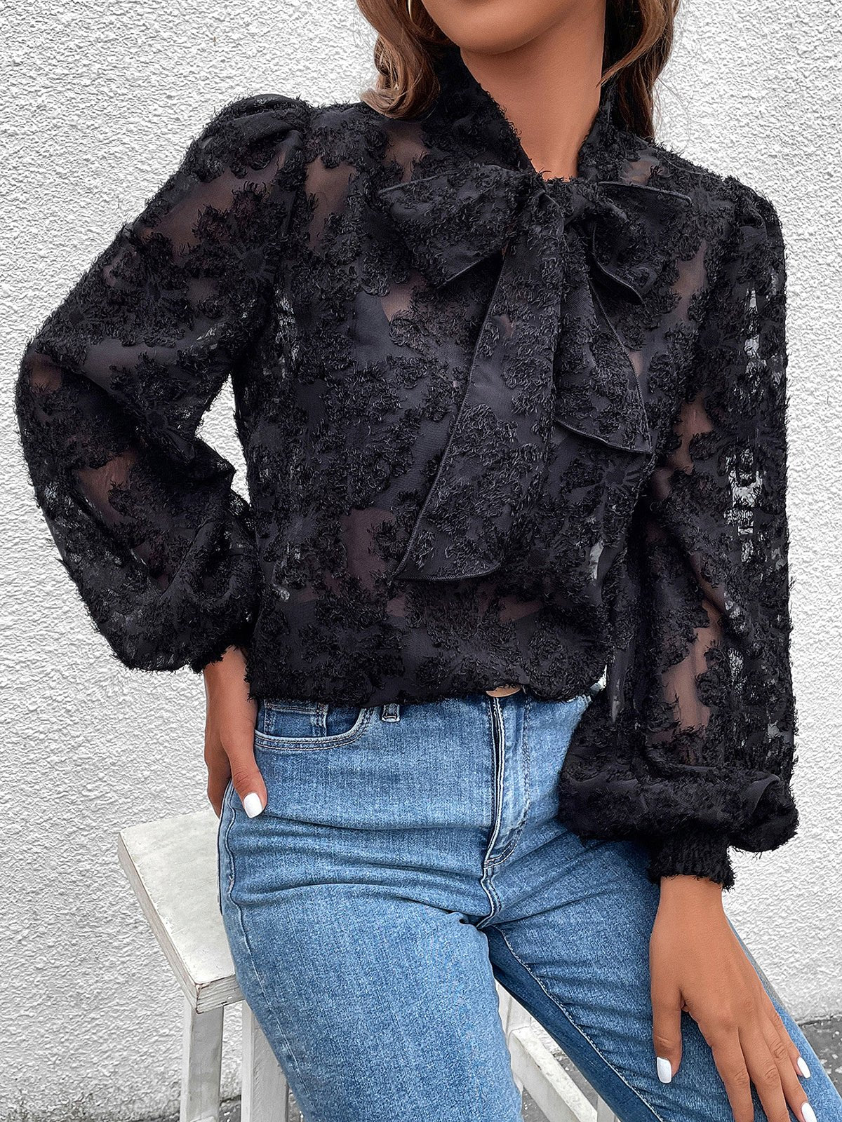 Blouses Hollow Out Jacquard Flocking Long Sleeve Blouse - LuckyFash™