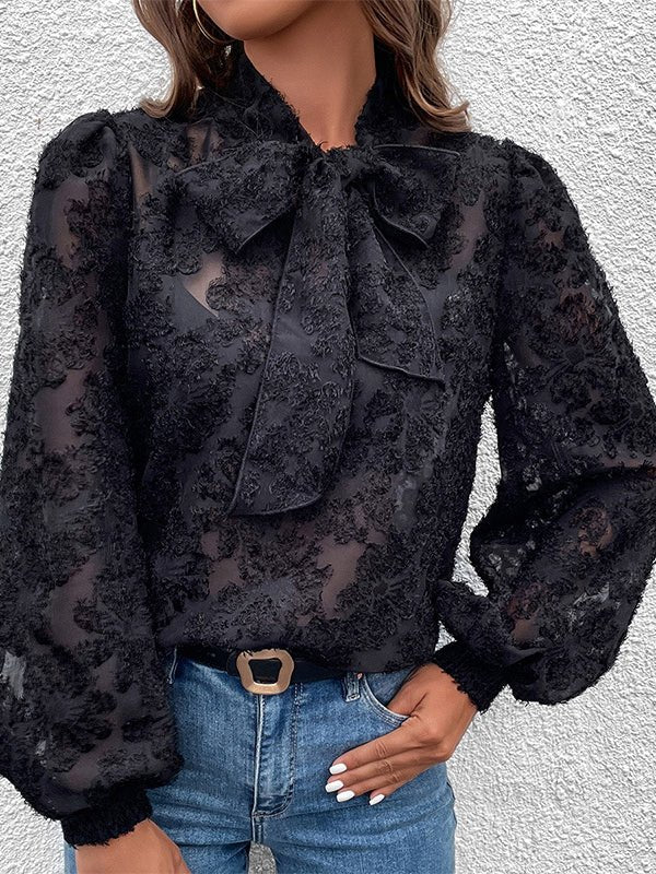 Blouses Hollow Out Jacquard Flocking Long Sleeve Blouse - LuckyFash™