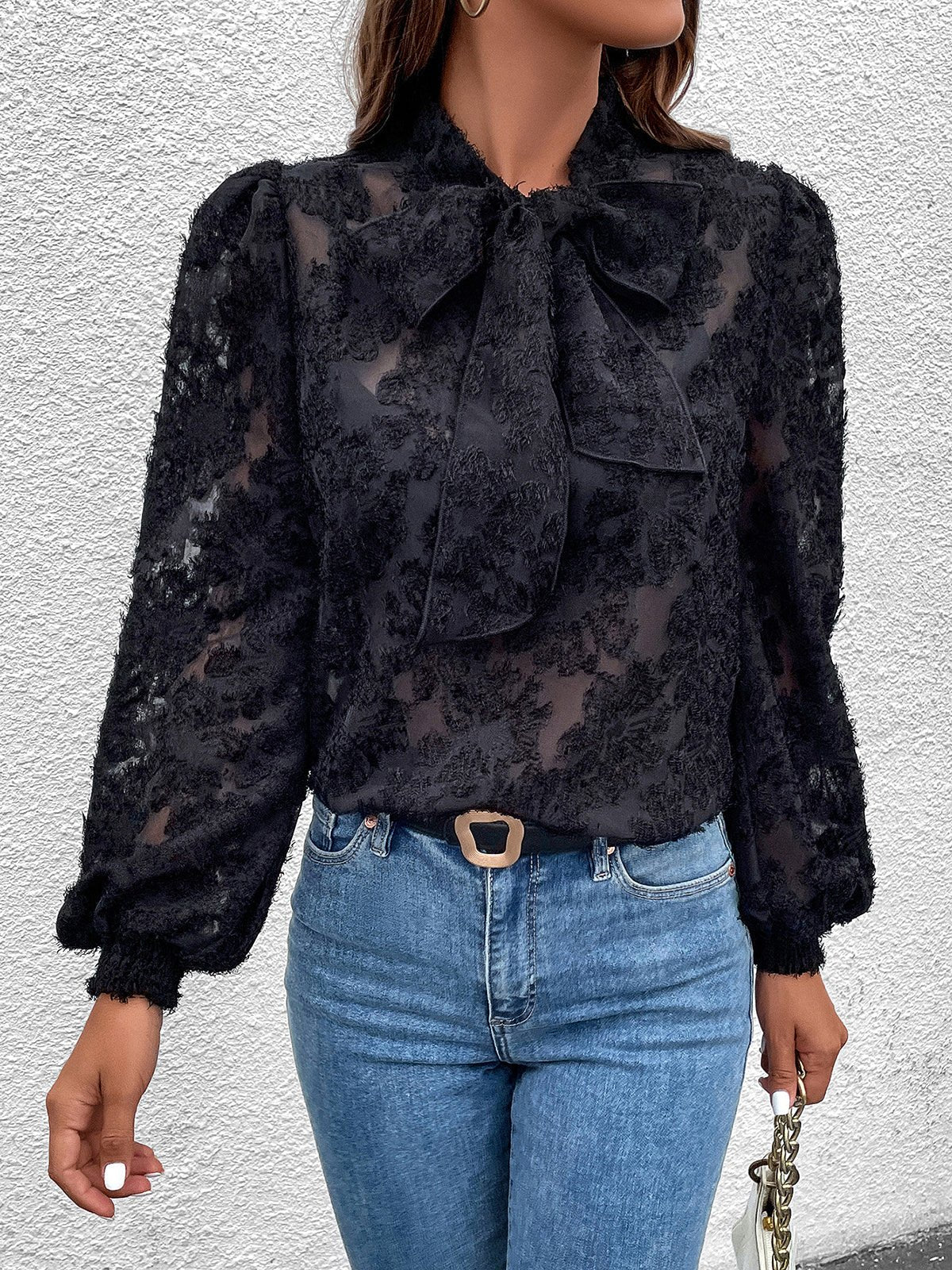 Blouses Hollow Out Jacquard Flocking Long Sleeve Blouse - LuckyFash™