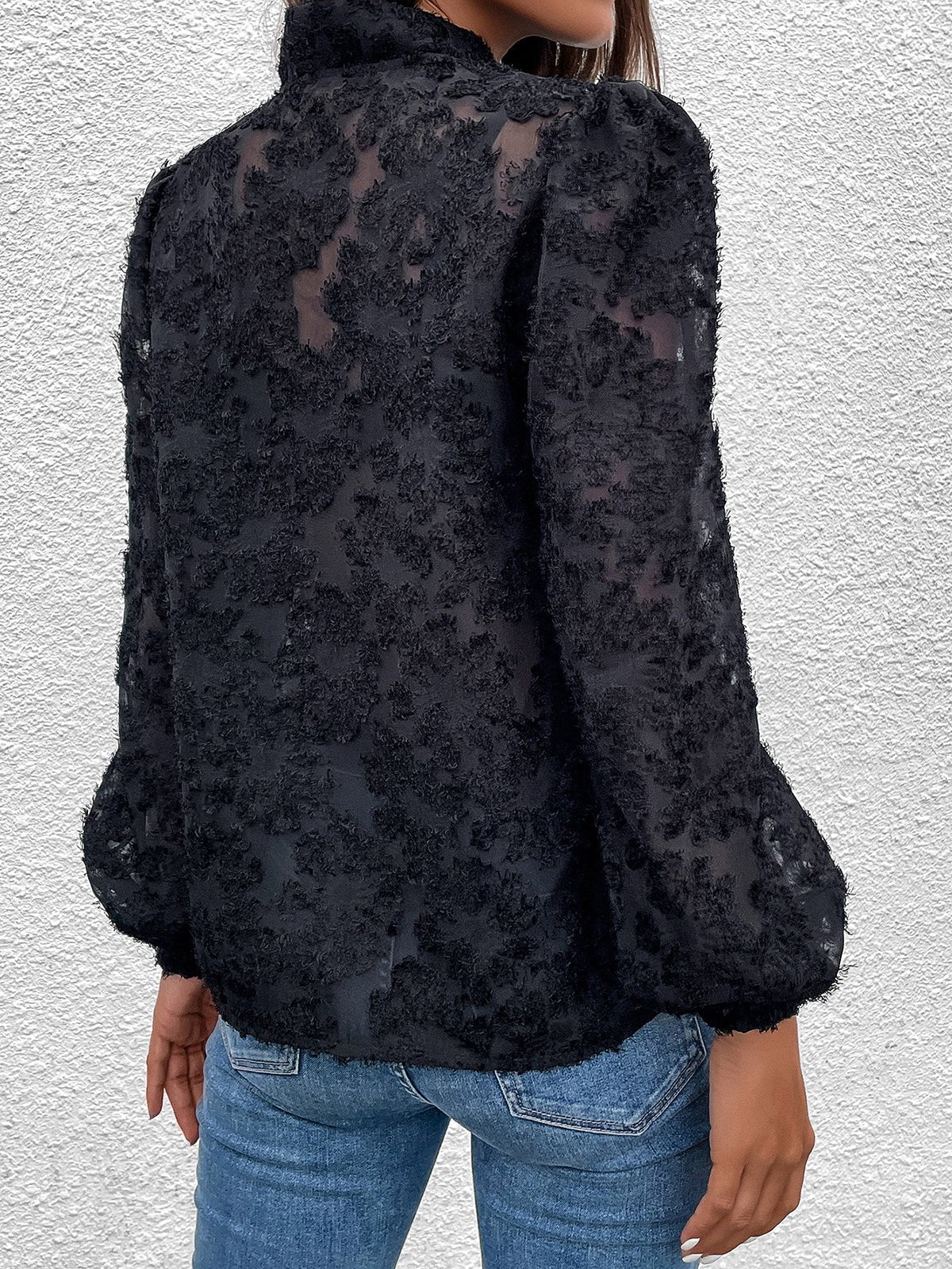 Blouses Hollow Out Jacquard Flocking Long Sleeve Blouse - LuckyFash™