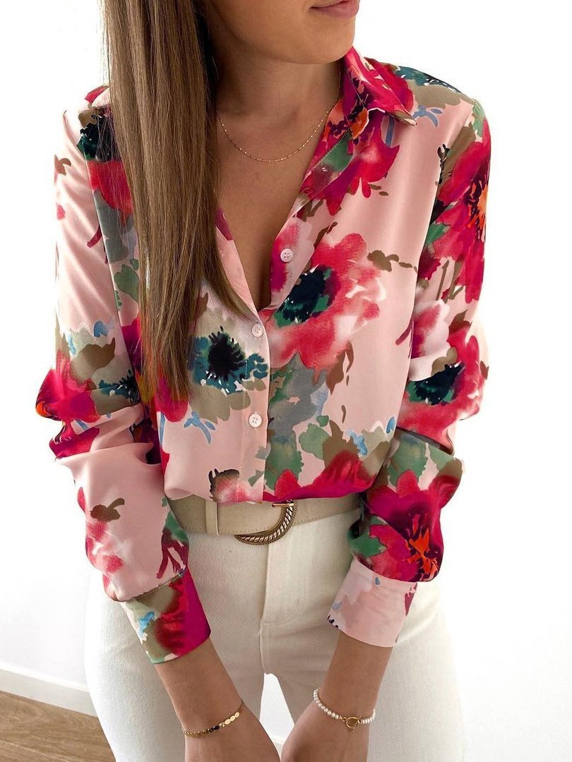 Blouses Ink Flower Lapel Long Sleeve Blouse - LuckyFash™