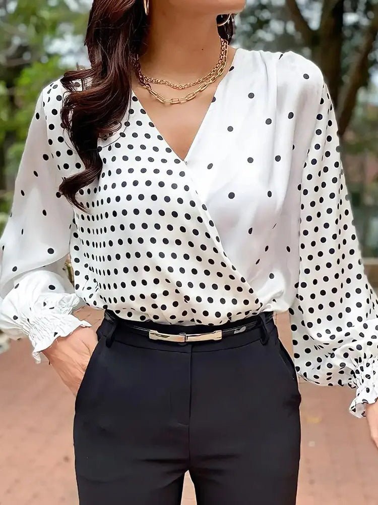 Women's Blouses Irregular Polka Dot Print V-Neck Long Sleeve Blouse - LuckyFash™