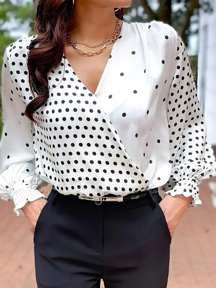 Women's Blouses Irregular Polka Dot Print V-Neck Long Sleeve Blouse - LuckyFash™