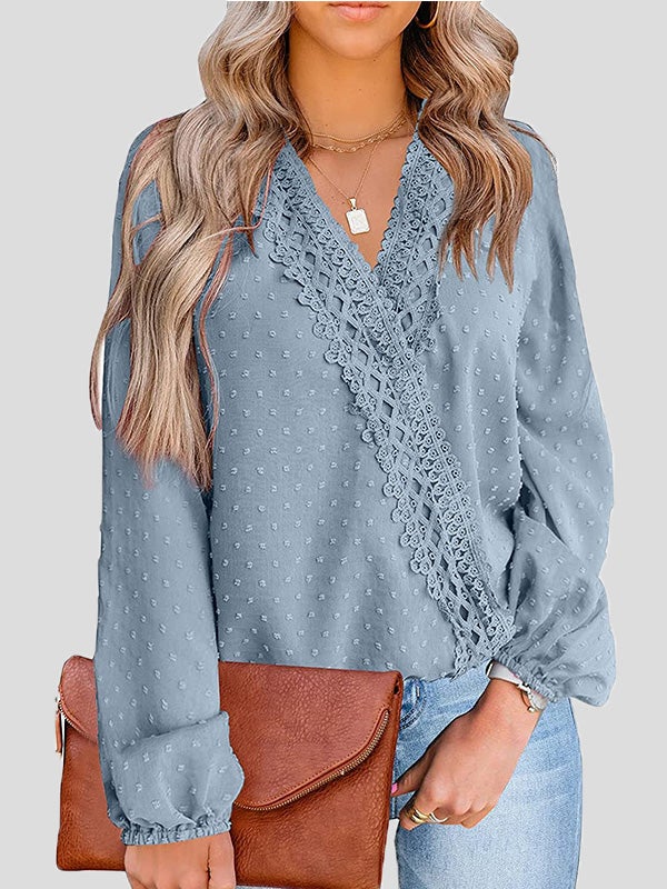 Women's Blouses Jacquard Lace V-Neck Long Sleeve Blouse - LuckyFash™