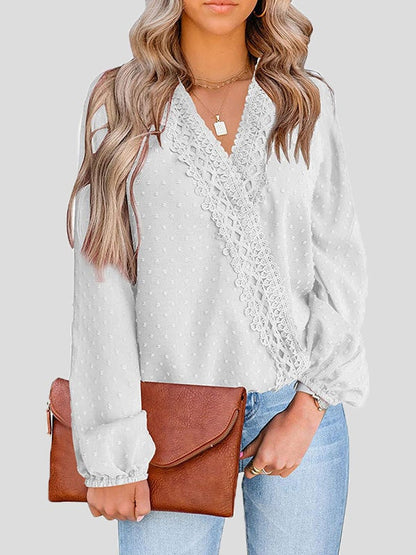 Women's Blouses Jacquard Lace V-Neck Long Sleeve Blouse - LuckyFash™