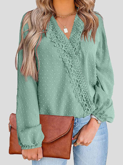 Women's Blouses Jacquard Lace V-Neck Long Sleeve Blouse - LuckyFash™