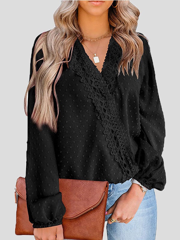 Women's Blouses Jacquard Lace V-Neck Long Sleeve Blouse - LuckyFash™