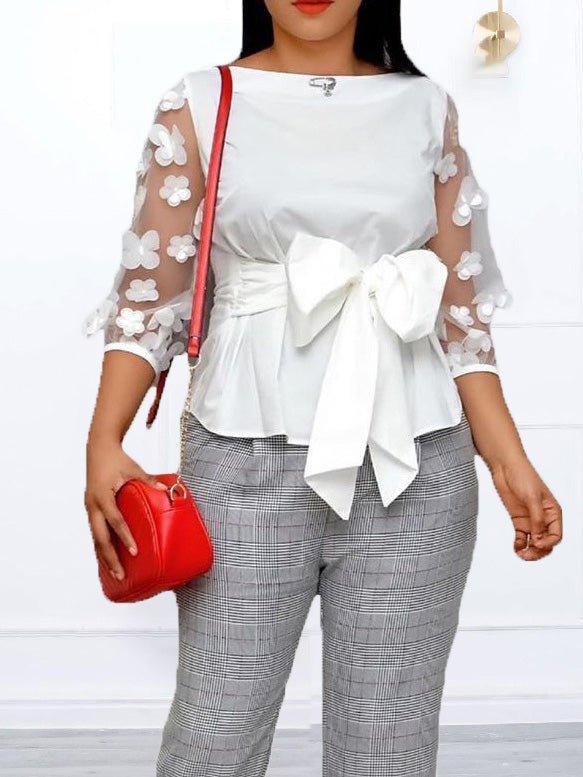 Blouses Jacquard Mesh Panel Tie Bow Blouse - LuckyFash™