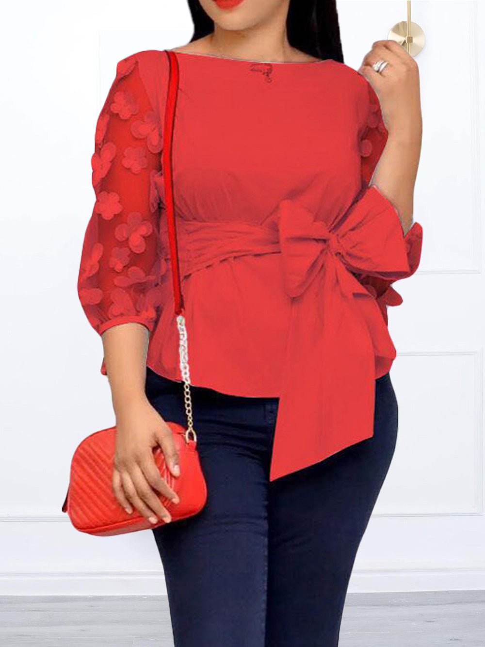 Blouses Jacquard Mesh Panel Tie Bow Blouse - LuckyFash™