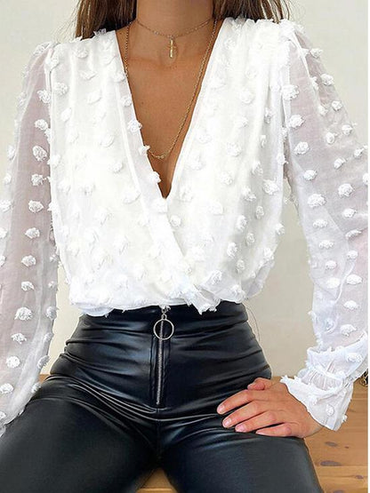 Women's Blouses Jacquard Print Deep V-Neck Long Sleeve Blouse - LuckyFash™