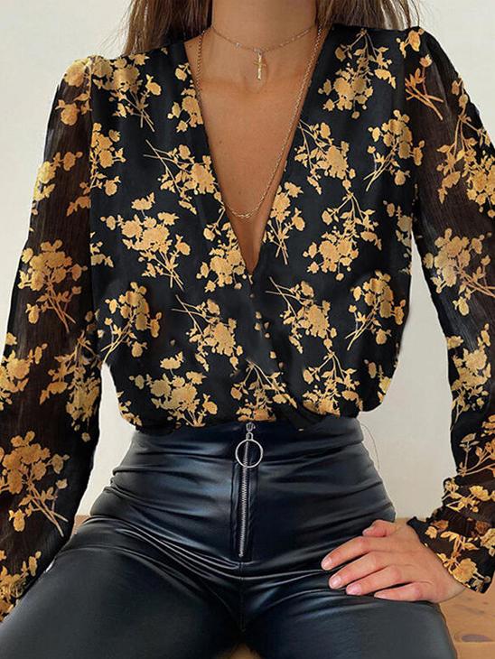 Women's Blouses Jacquard Print Deep V-Neck Long Sleeve Blouse - LuckyFash™