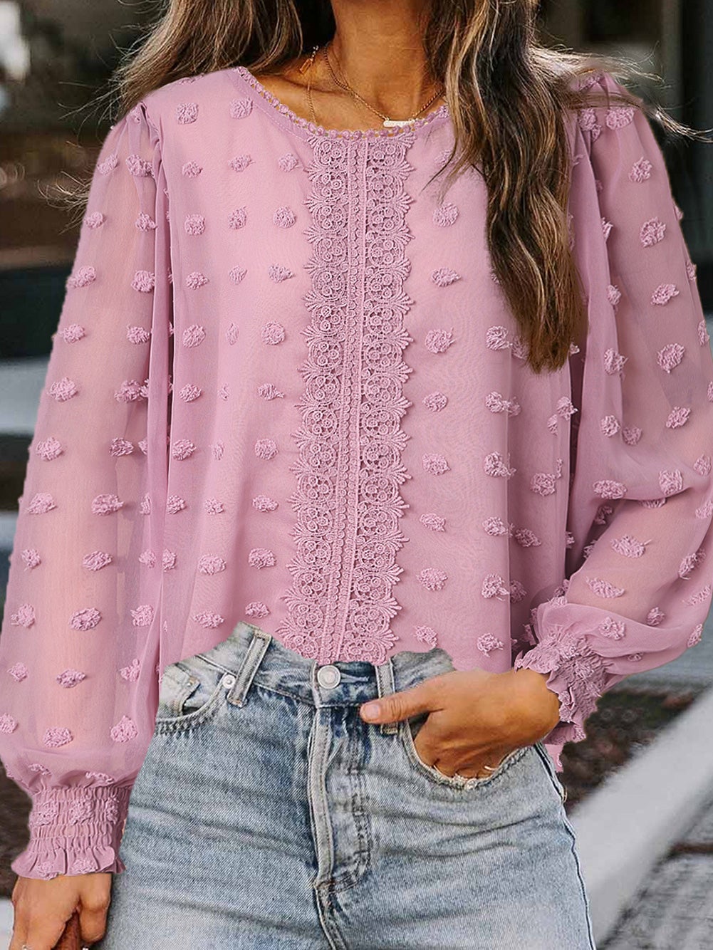 Women's Blouses Jacquard Round Neck Lace Long Sleeve Blouse - LuckyFash™