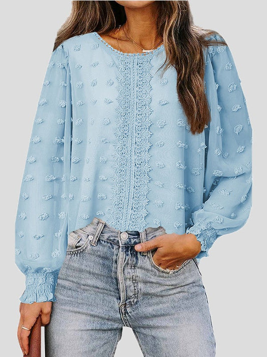 Women's Blouses Jacquard Round Neck Lace Long Sleeve Blouse - LuckyFash™