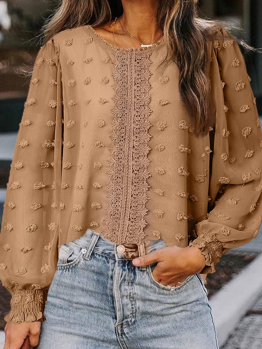 Women's Blouses Jacquard Round Neck Lace Long Sleeve Blouse - LuckyFash™