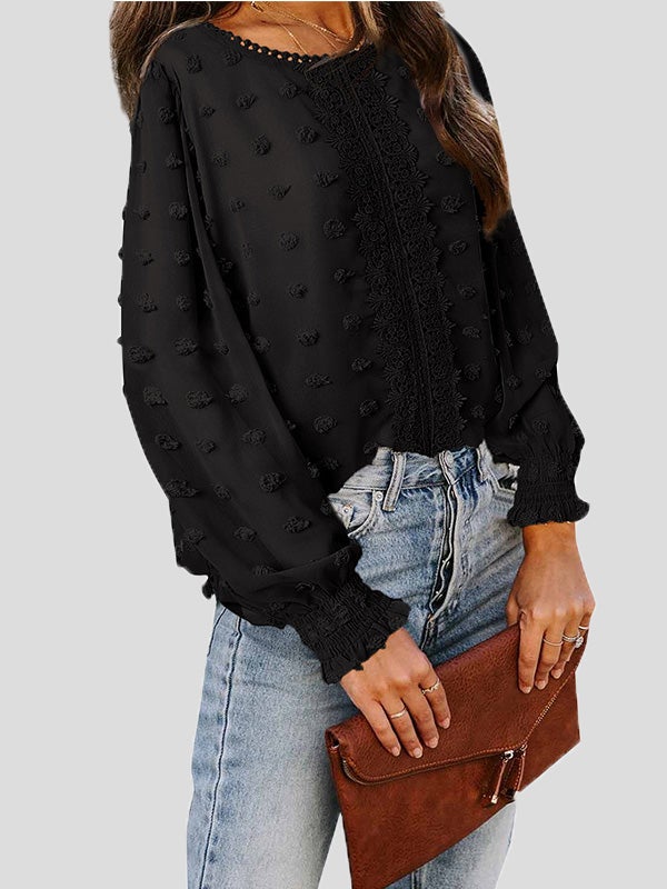 Women's Blouses Jacquard Round Neck Lace Long Sleeve Blouse - LuckyFash™