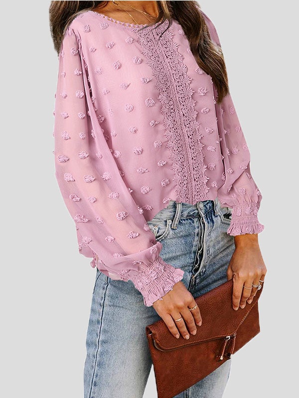 Women's Blouses Jacquard Round Neck Lace Long Sleeve Blouse - LuckyFash™