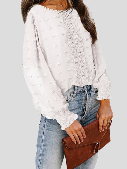 Women's Blouses Jacquard Round Neck Lace Long Sleeve Blouse - LuckyFash™