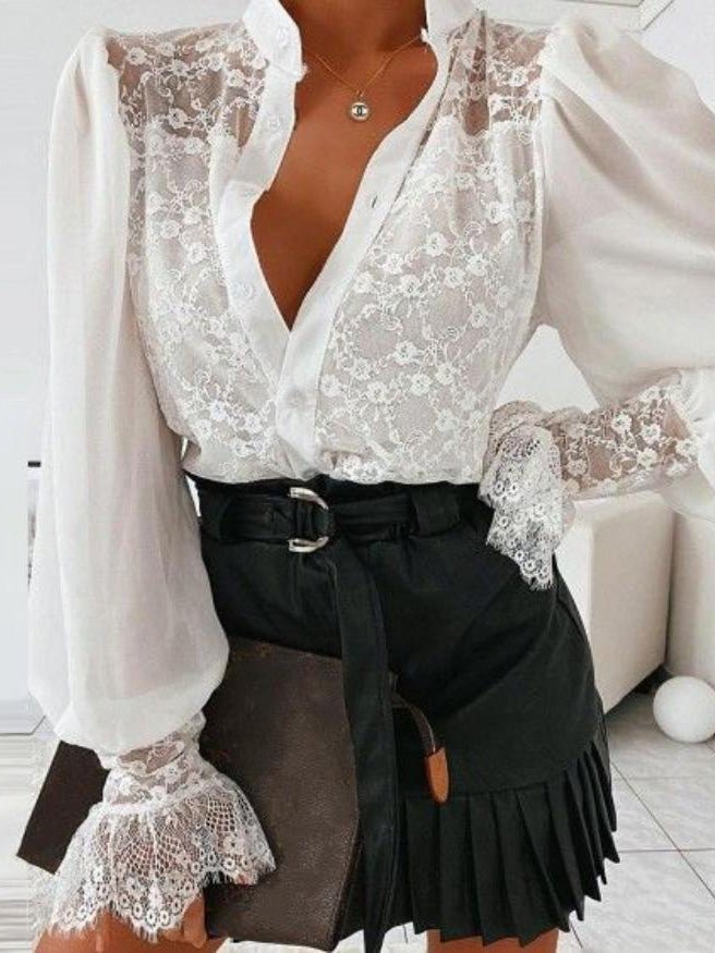 Women's Blouses Lace Button Long Sleeve Blouse - LuckyFash™