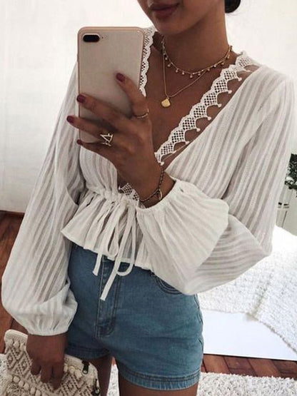 Women's Blouses Lace Elastic Waist Tie Balloon Sleeves Blouse - LuckyFash™