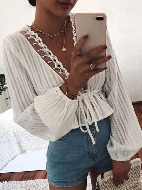 Women's Blouses Lace Elastic Waist Tie Balloon Sleeves Blouse - LuckyFash™