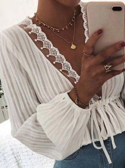 Women's Blouses Lace Elastic Waist Tie Balloon Sleeves Blouse - LuckyFash™