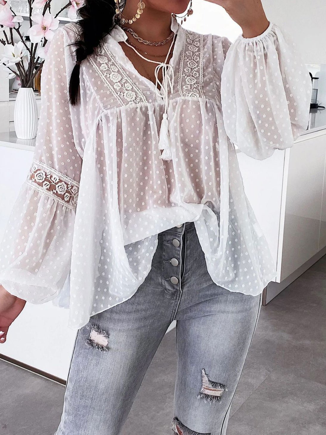 Women's Blouses Lace Panel Balloon Sleeve Chiffon Blouse - LuckyFash™