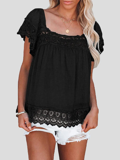 Women's Blouses Lace Panel Hollow Puff Sleeve Blouse - LuckyFash™