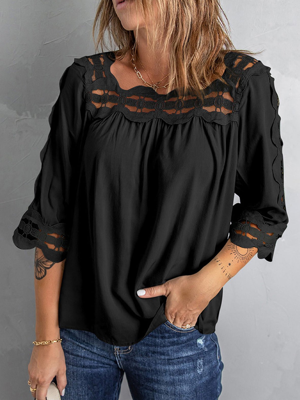 Blouses Lace Panel Loose Half Sleeves Blouses - LuckyFash™