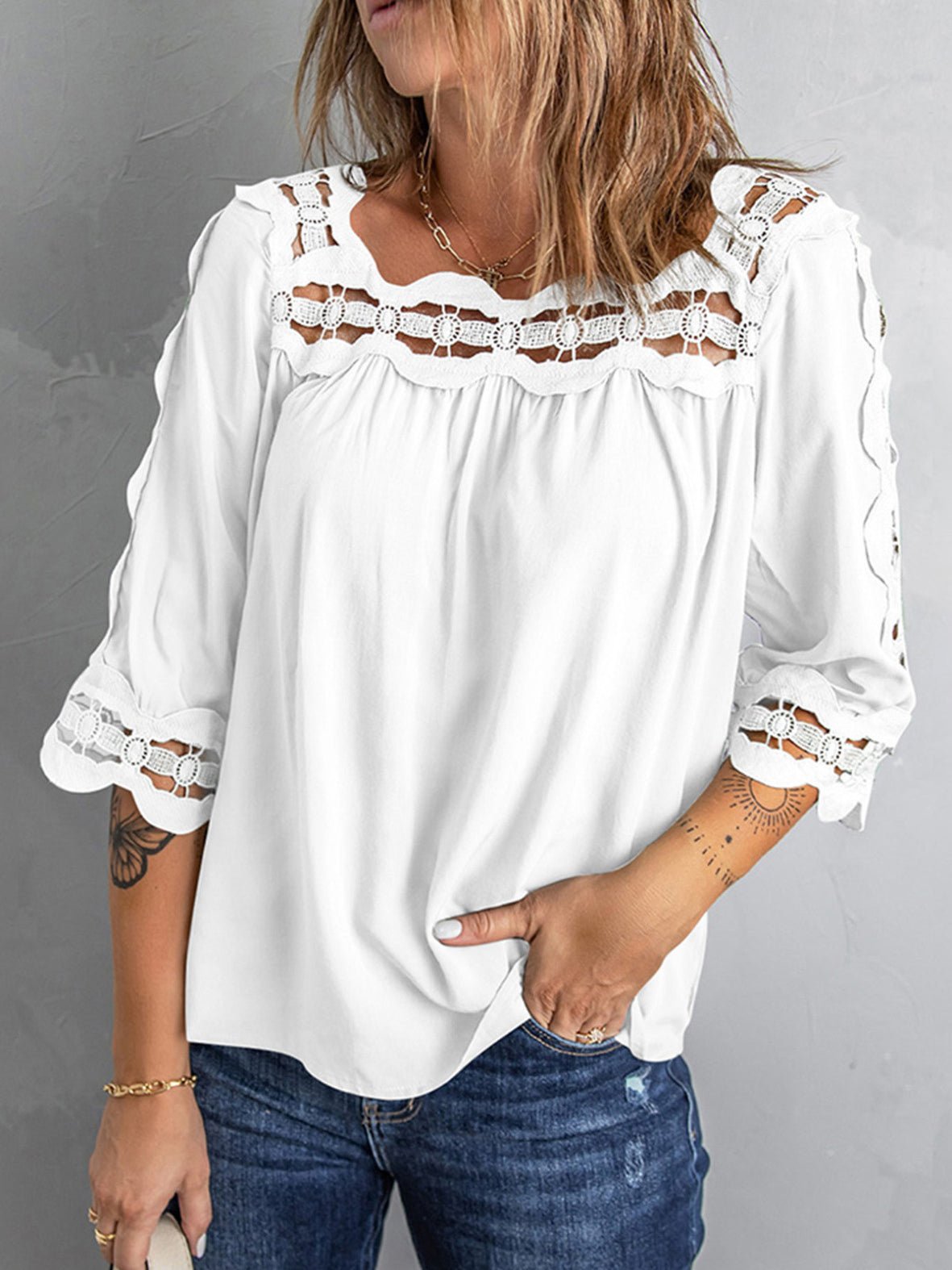 Blouses Lace Panel Loose Half Sleeves Blouses - LuckyFash™