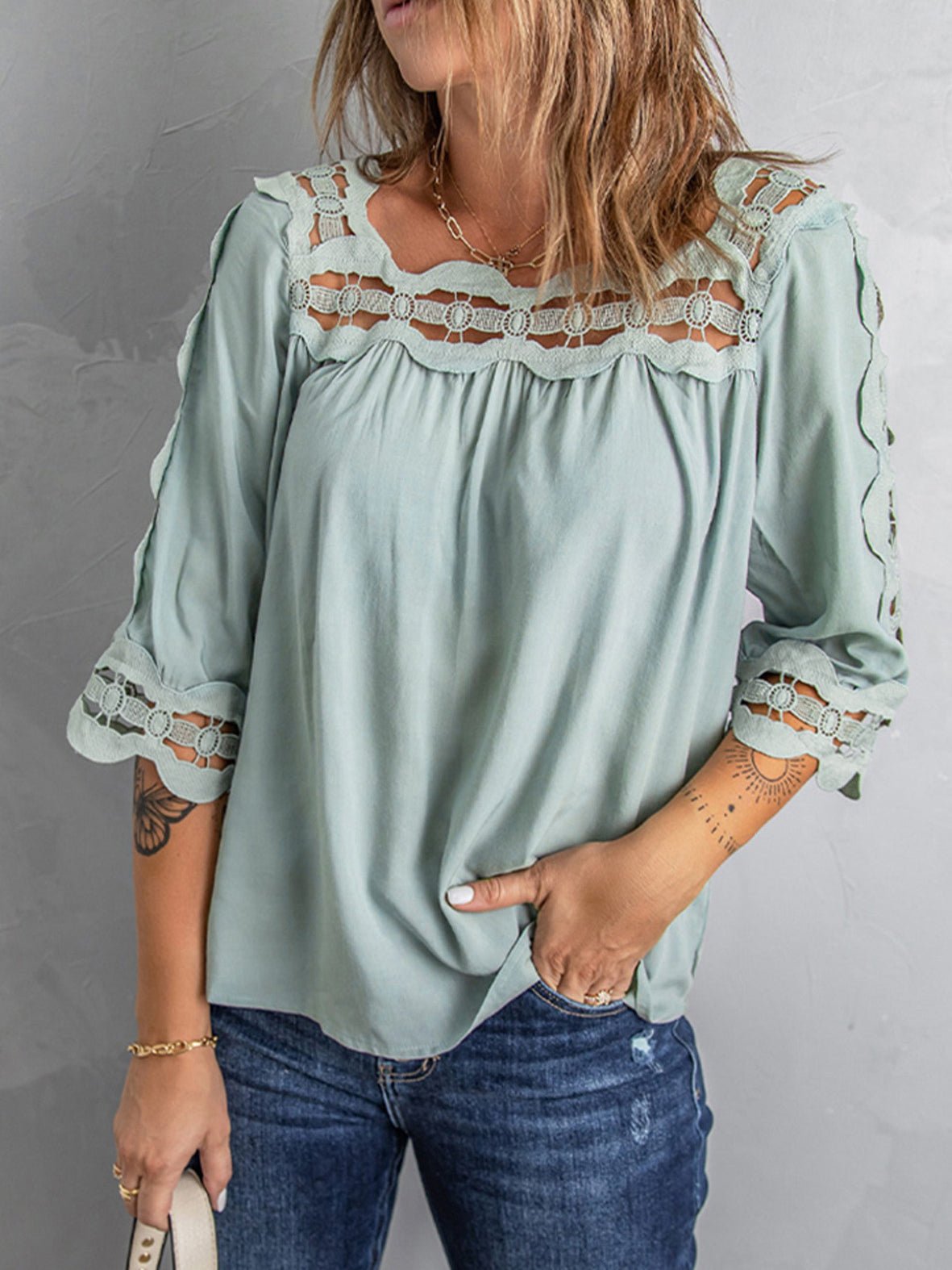 Blouses Lace Panel Loose Half Sleeves Blouses - LuckyFash™