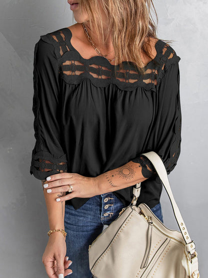 Blouses Lace Panel Loose Half Sleeves Blouses - LuckyFash™