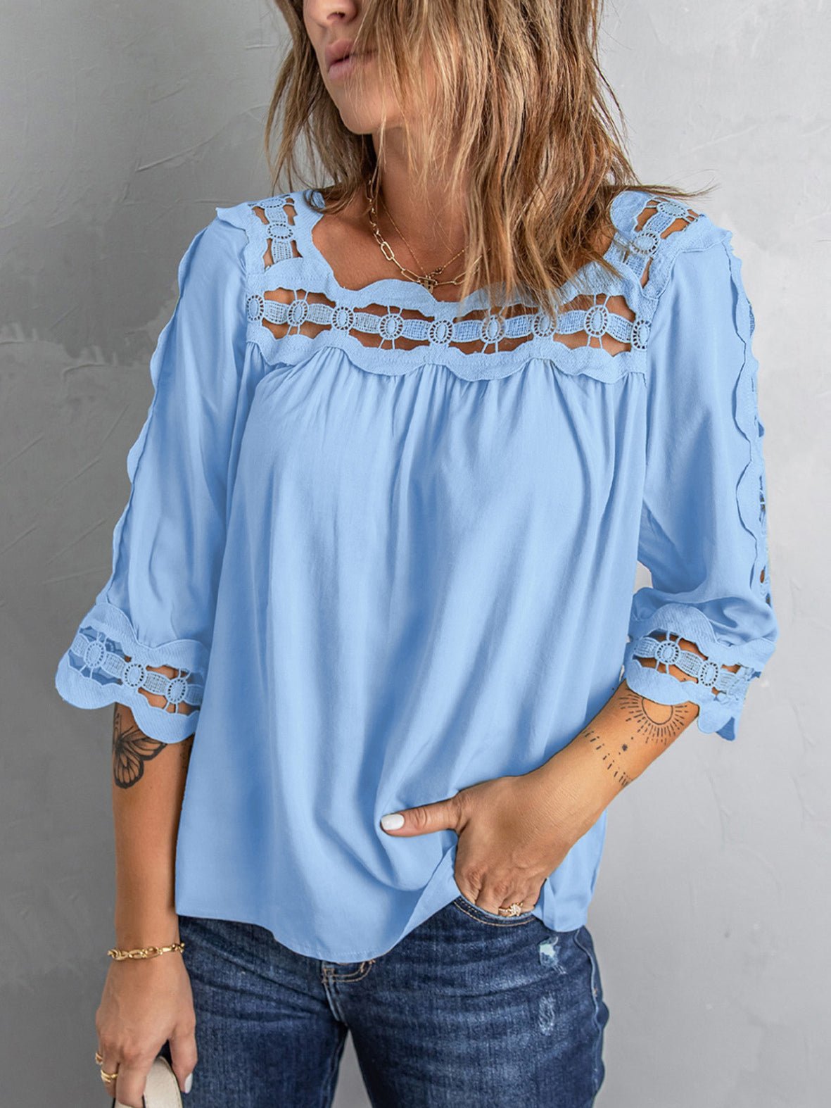 Blouses Lace Panel Loose Half Sleeves Blouses - LuckyFash™