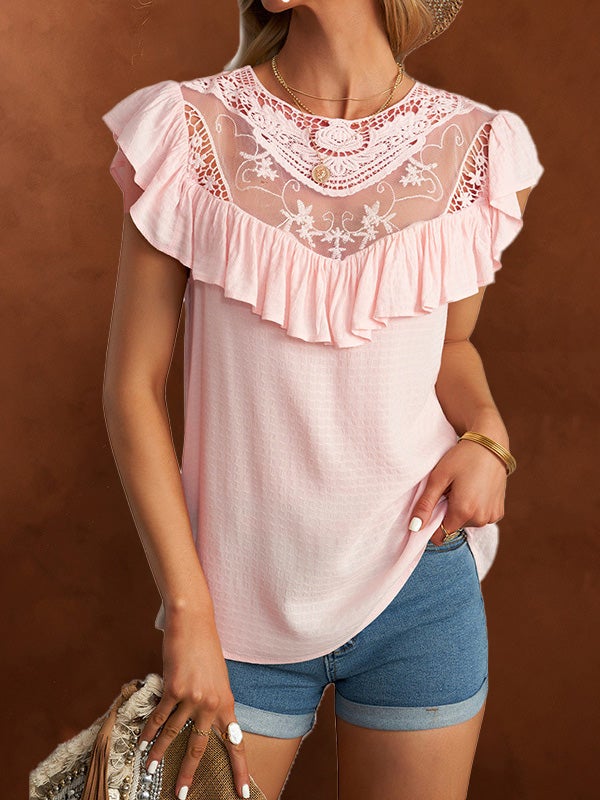 Women's Blouses Lace Panel Ruffle Crew Neck Blouse - LuckyFash™