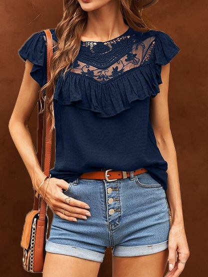 Women's Blouses Lace Panel Ruffle Crew Neck Blouse - LuckyFash™