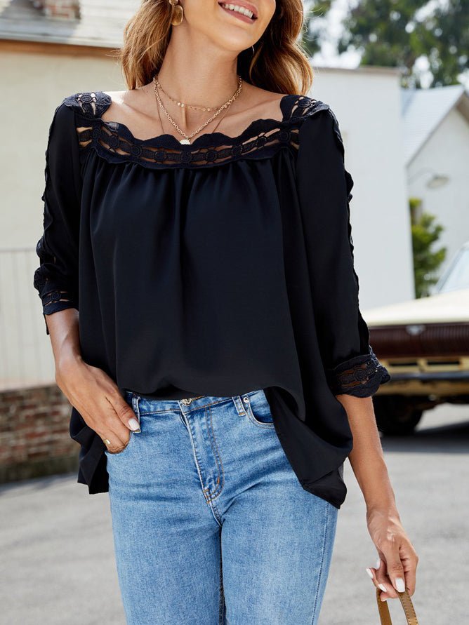 Women's Blouses Lace Panel Square Neck Half Sleeves Blouse - LuckyFash™