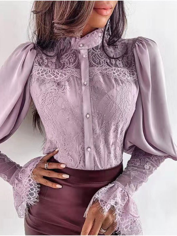 Women's Blouses Lace Panel Stand Collar Flare Sleeves Blouse - LuckyFash™