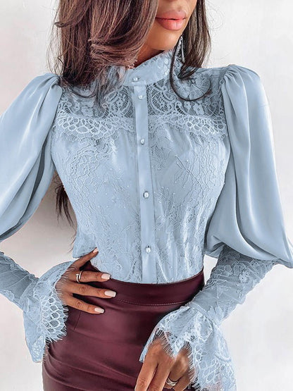 Women's Blouses Lace Panel Stand Collar Flare Sleeves Blouse - LuckyFash™