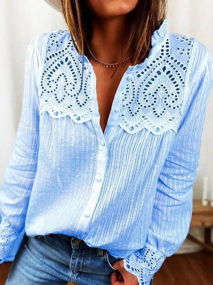 Women's Blouses Lace Stitching Button Long Sleeve Blouse - LuckyFash™