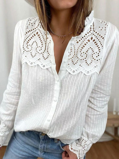 Women's Blouses Lace Stitching Button Long Sleeve Blouse - LuckyFash™