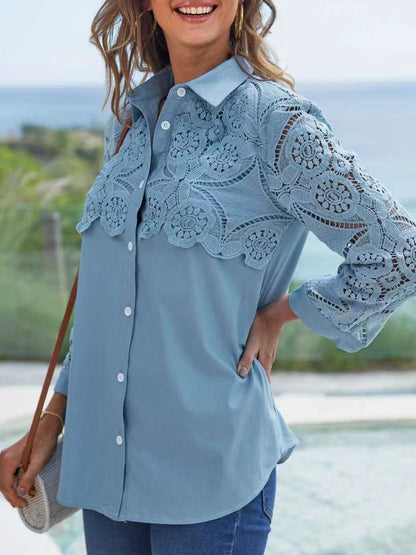 Women's Blouses Lace Stitching Buttons Long Sleeve Blouse - LuckyFash™