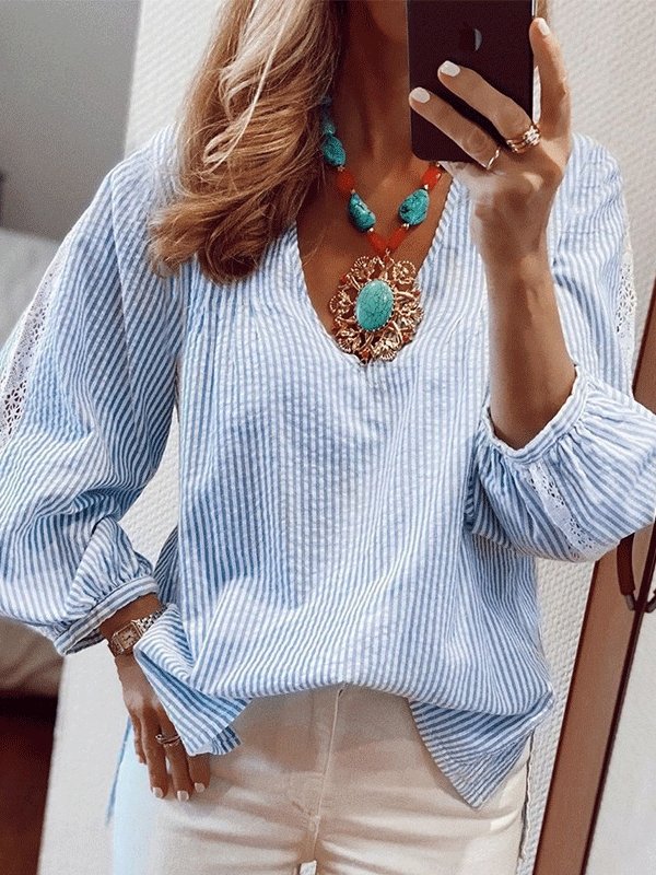 Women's Blouses Lace Stitching Long Sleeve Stripes Blouse - LuckyFash™