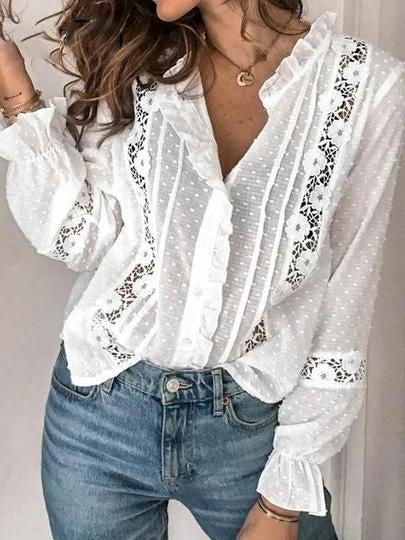 Women's Blouses Lace Stitching Long Sleeve Temperament Blouses - LuckyFash™