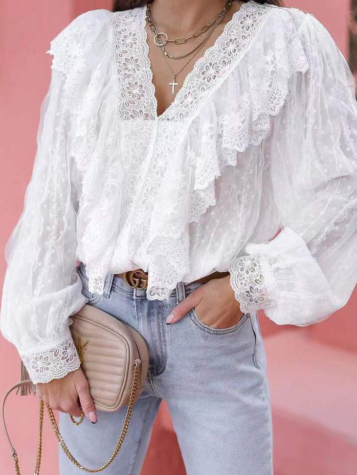 Women's Blouses Lace V-Neck Panel Ruffle Long Sleeve Blouse - LuckyFash™