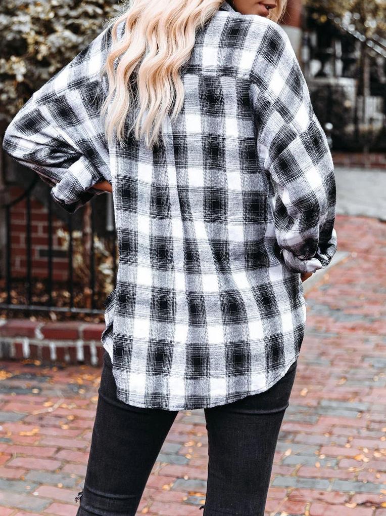 Women's Blouses Lapel Black And White Plaid Long Sleeve Blouse - LuckyFash™