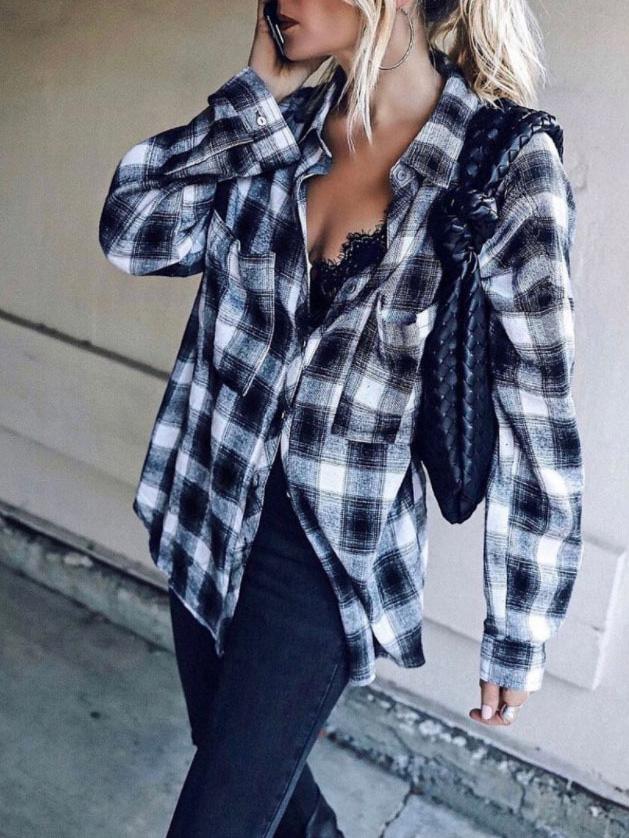 Women's Blouses Lapel Black And White Plaid Long Sleeve Blouse - LuckyFash™