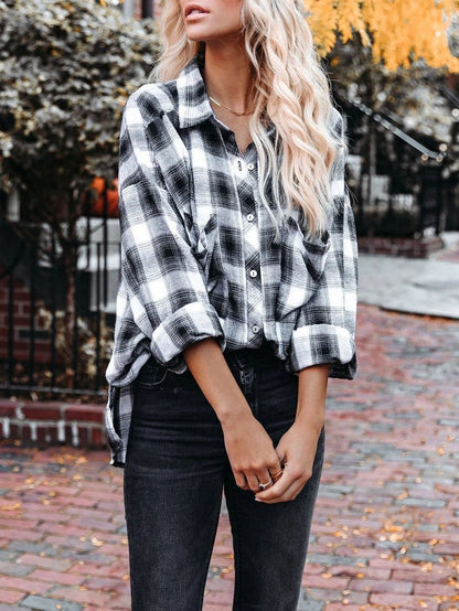 Women's Blouses Lapel Black And White Plaid Long Sleeve Blouse - LuckyFash™